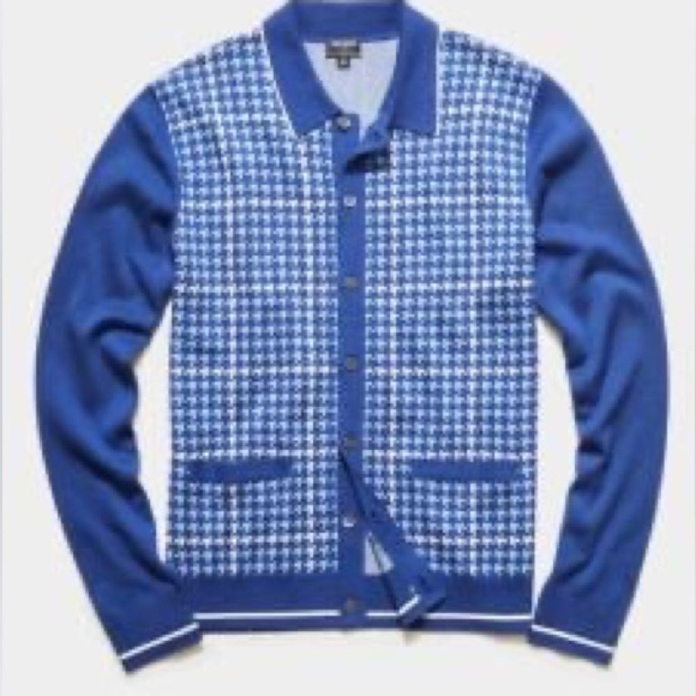 Todd Snyder Cardigan Sweater Houndstooth Blue Silk Cotton Size XL Quiet Luxury